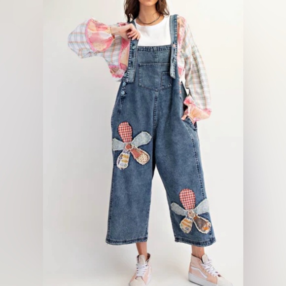 easel Denim - Easel Boho Blue Denim Bib Overalls with Floral Patches